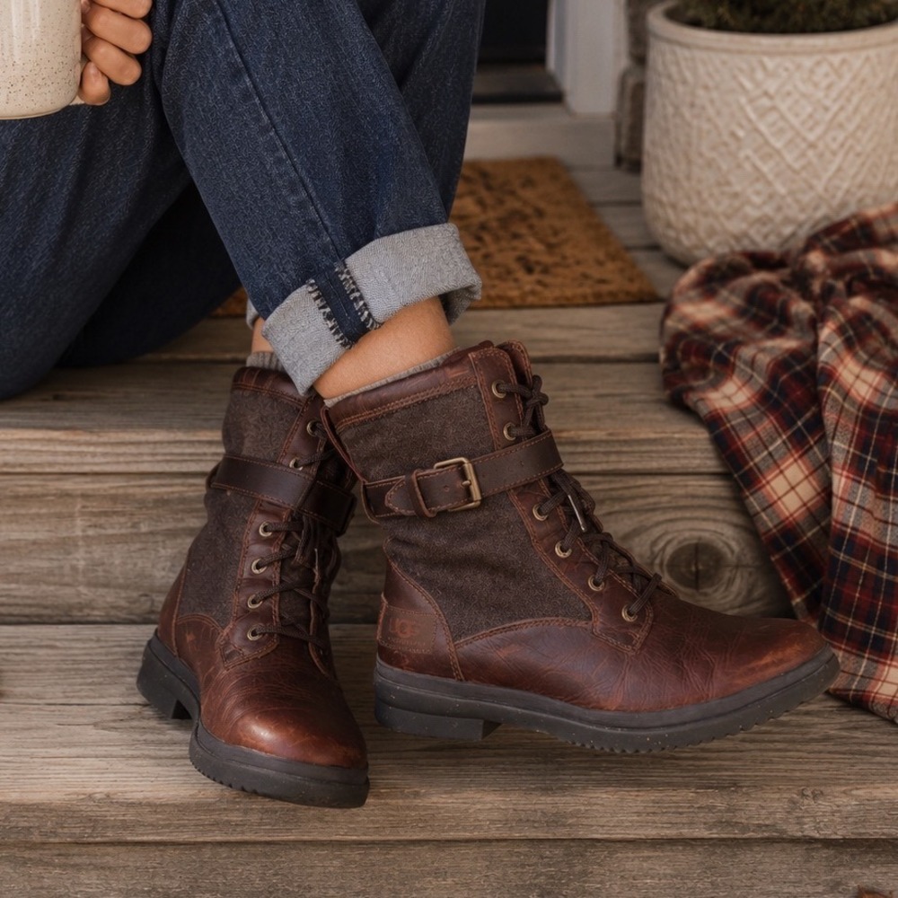 UGG Waterproof Leather Combat Boots Brown Lace Up Buckle Moto Boots Women